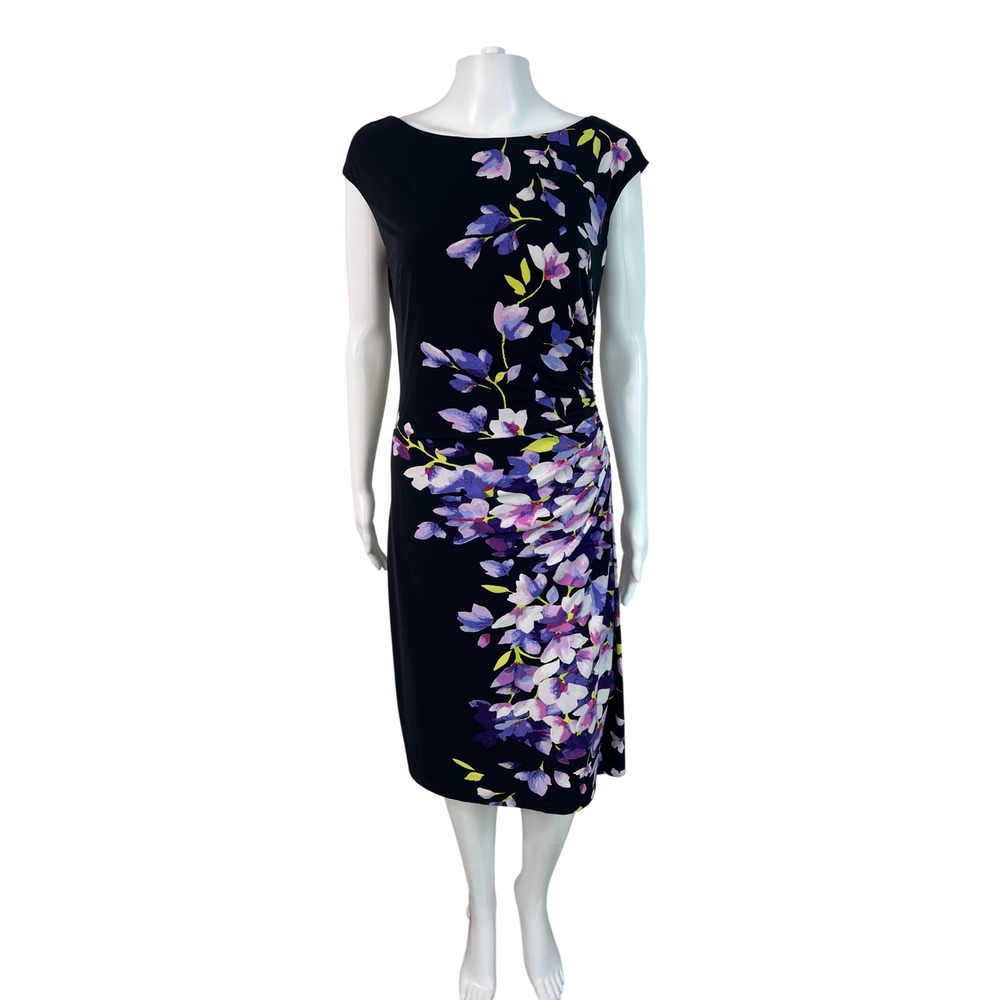 Lauren Ralph Lauren Dress Black Purple Floral Ruched Sheath Elegant Party Size 8